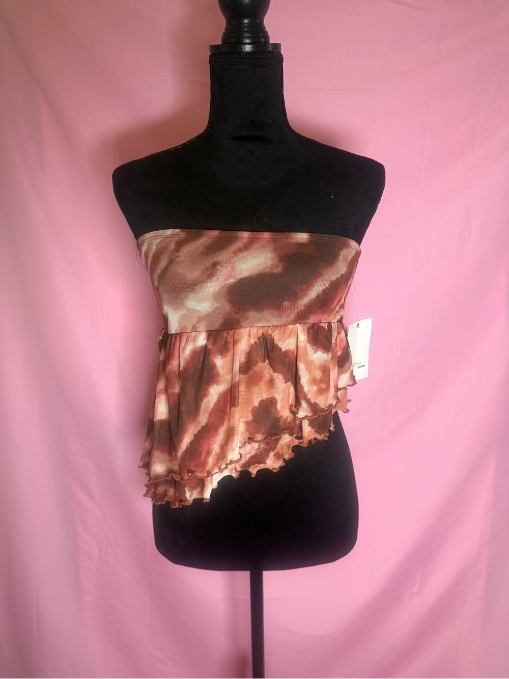 Y2K Strapless Ruffle Satin Tube Top in Brown Tie-Dye New With Tags Size L